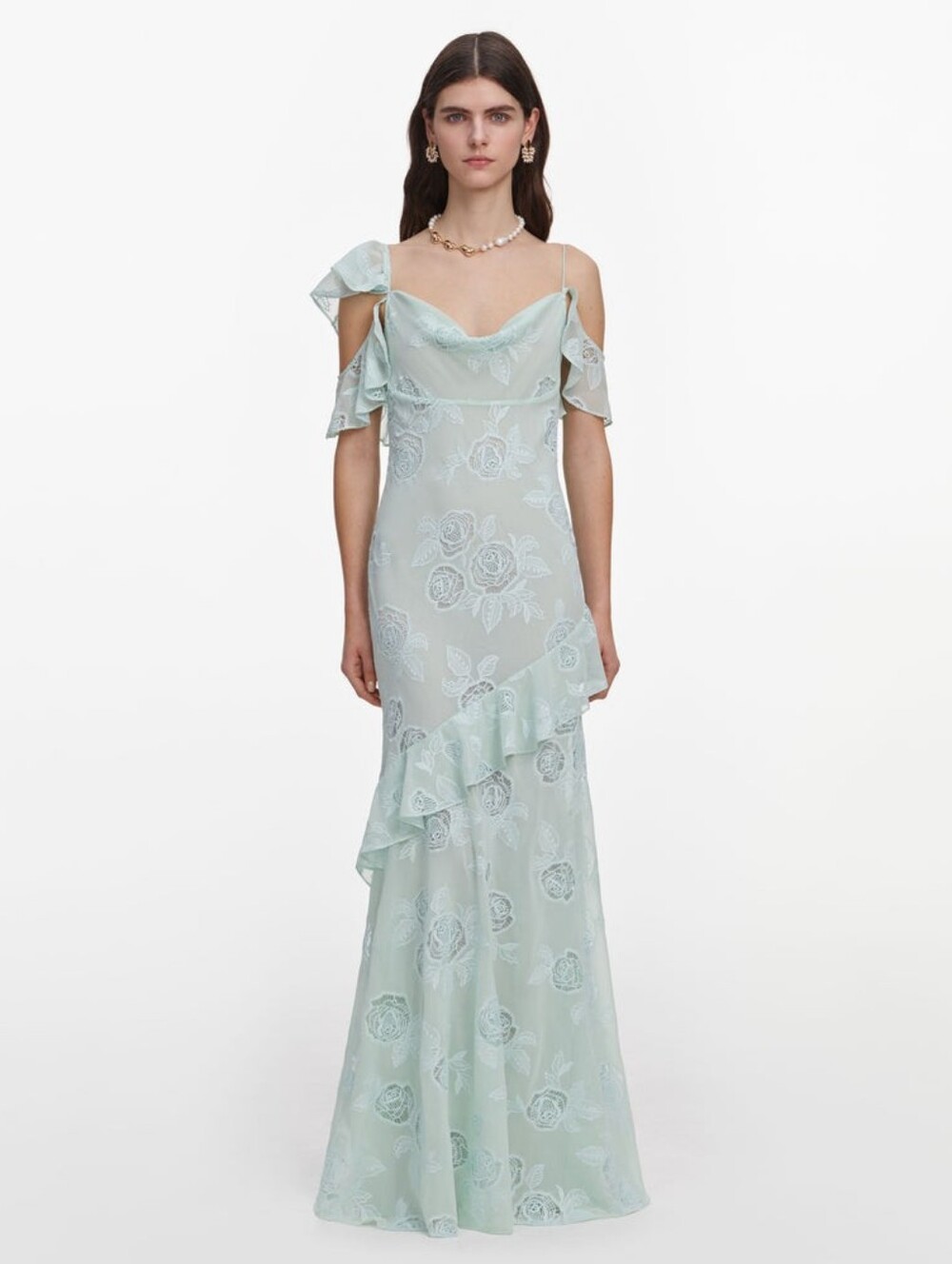 Self Portrait Mint Embroidered Georgette Maxi Dress